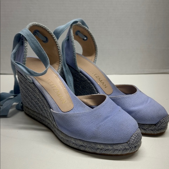 Stuart Weitzman Espadrille Wedges Heels Lace Up Ankle Strap Canvas Blue Size 6.5 - Picture 5 of 14